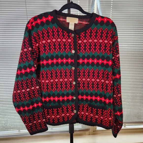 Vintage Tally Ho XL $70 Red Black Green Button Front Fair Isle Cardigan Sweater - Picture 1 of 8